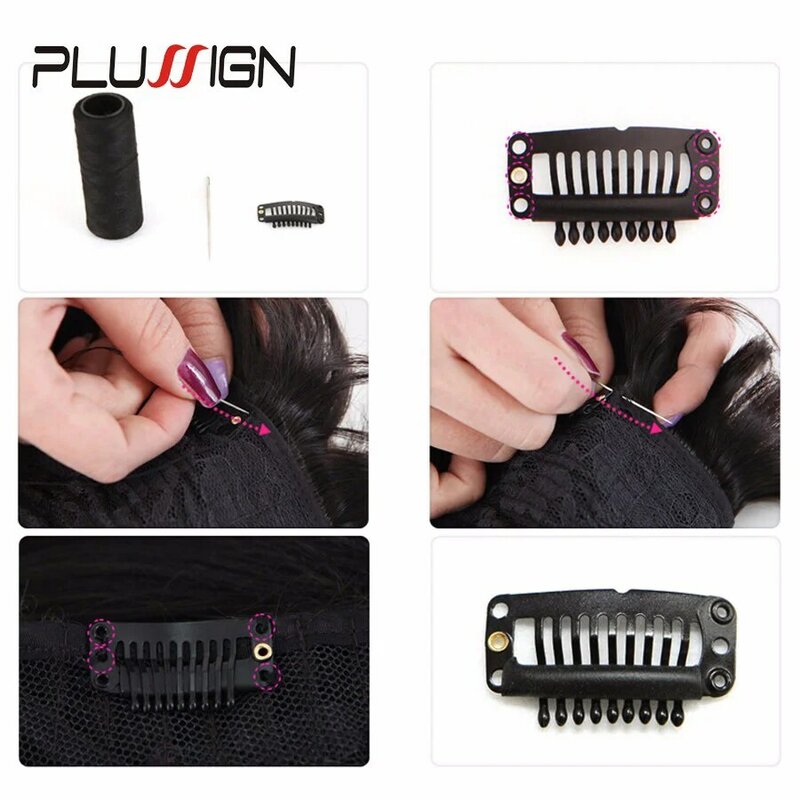 Plussign-clipes de cabelo para extensão de tecelagem, 10-20 pçs, marrom, bege, preto, silicone, grampos para cabeleireiro 32mm