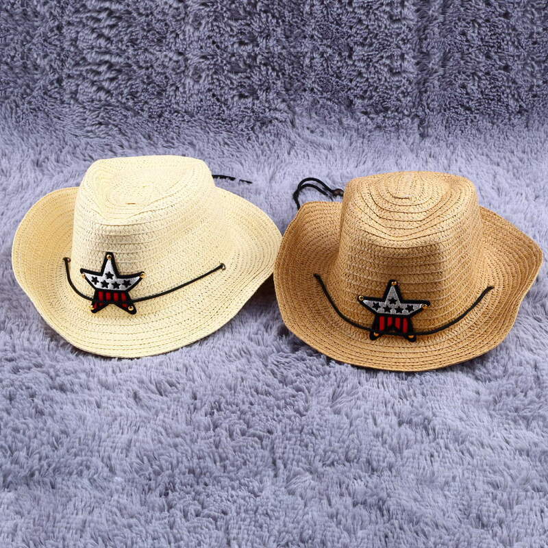 Outad palha chapéu do bebê crianças praia sol boné meninos meninas ocidental cowboy crianças boné de verão chapéus grande borda sunbonnet bonés venda quente