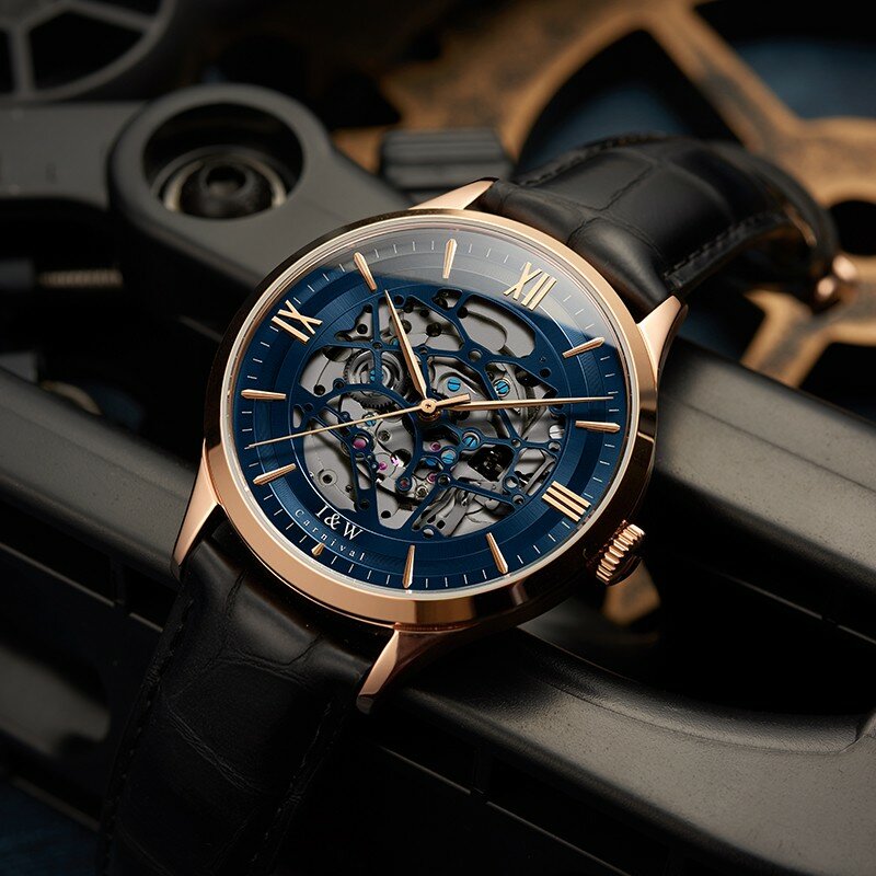 Reloj hombre Japan movimento svizzera I & W nuovo orologio scheletro orologio automatico da uomo in oro rosa blu orologio da uomo impermeabile con zaffiro