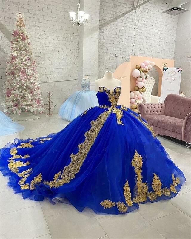 Royal Blue Gold Lace Vestidos De Novia Quinceanera Dresses Sweetheart Lace-up Long Train Gowns Women Plus Size Prom dress