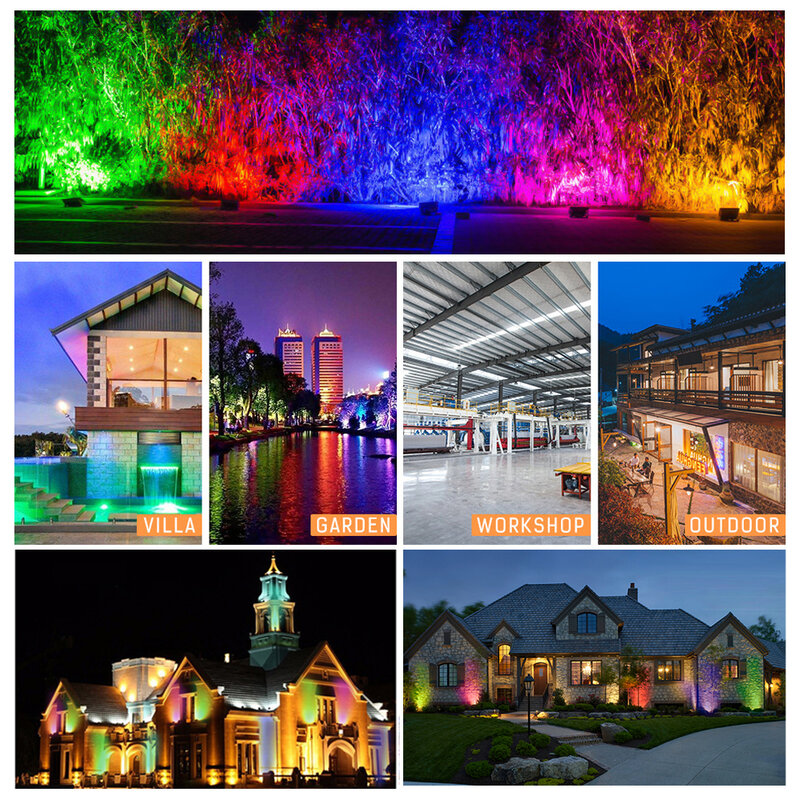Luz de inundação exterior LED RGB, IP68 Waterproof Spotlight, Projetor refletor, Lâmpada para jardim de rua, 220V, 110V, 20W, 30W, 50W, 100W