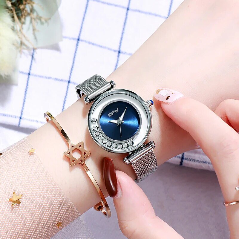 Rolling Gemstone relógios para mulheres, movimento japonês, luz, ouro rosa, pulseira de aço inoxidável, moda de luxo feminina