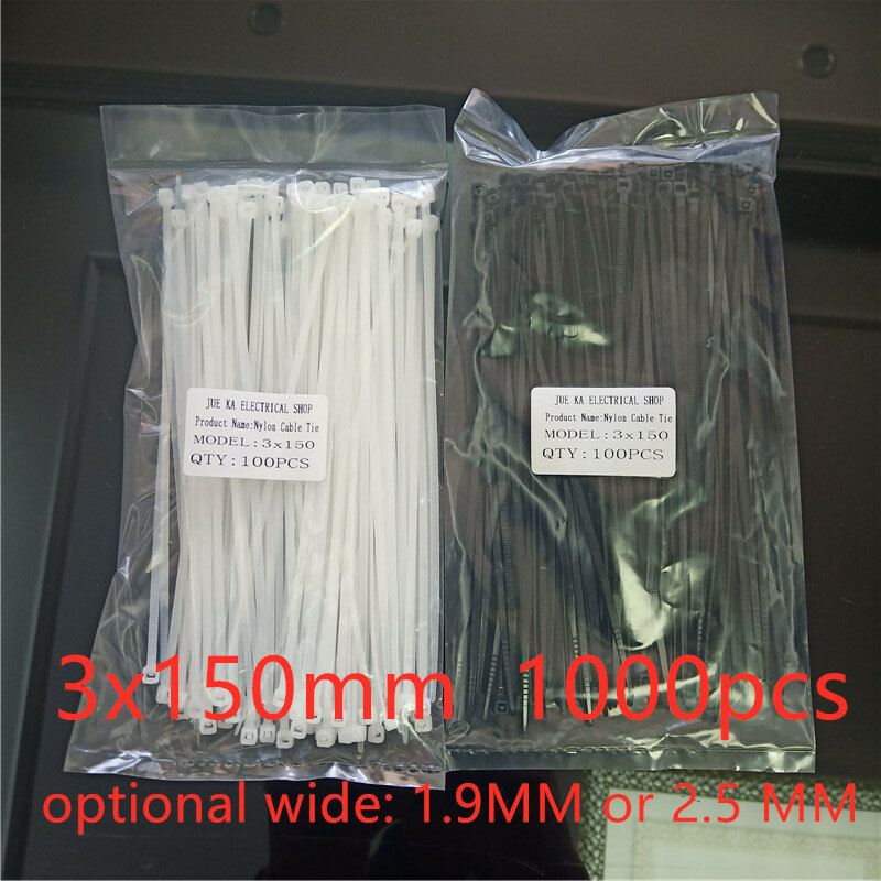 1000Pcs/pack 3*150mm High Quality width 1.9or2.5 Black Color Factory Standard Self-locking Plastic Nylon Cable Ties,Wire Zip Tie