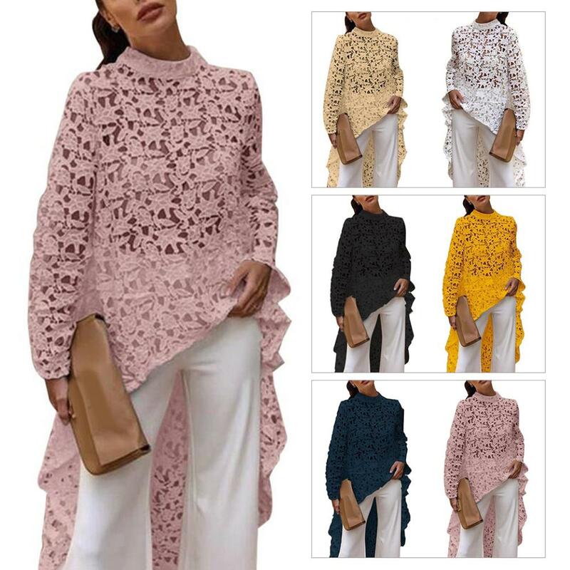 Blusa de encaje ahuecada de Color sólido para mujer, Top Alto y Bajo, moda de primavera y otoño