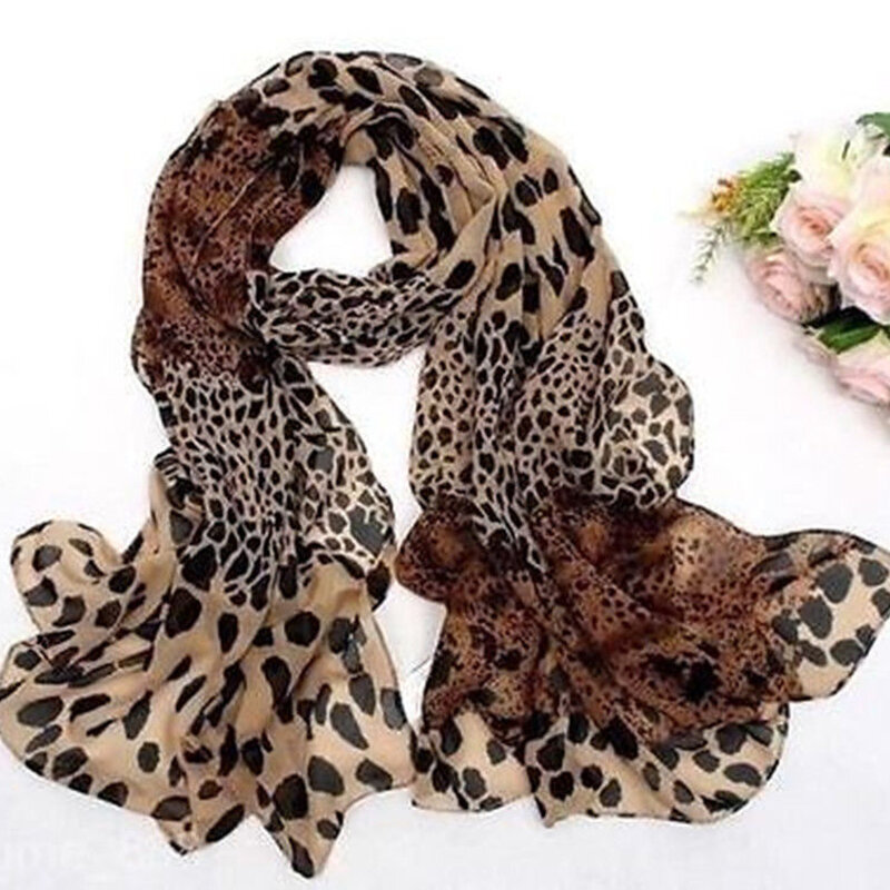 Lenço chiffon com estampa leopardo para mulheres, lenço macio, estilo longo, xales multifuncionais para senhoras, moda, inverno