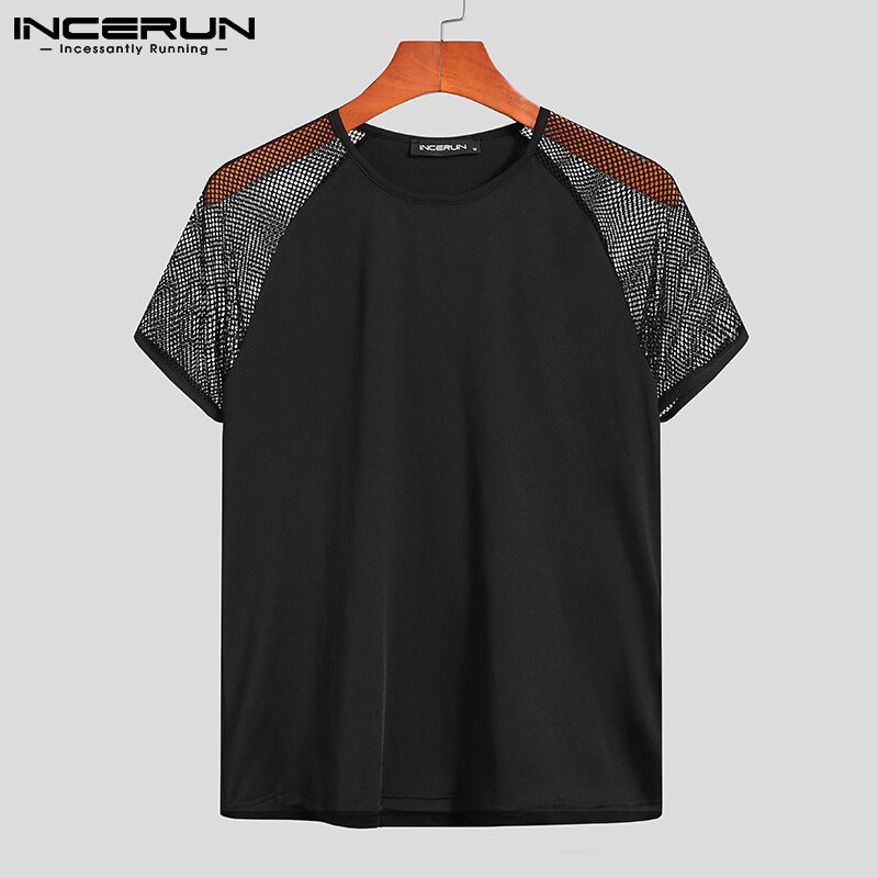 INCERUN-Camiseta de manga corta para hombre, ropa de calle de retales de malla, cuello redondo, informal, Sexy, transpirable, 5XL, 2023