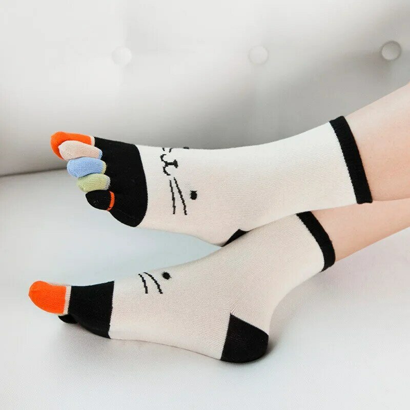 1 Pairs Pure Cotton Women Girl Five Finger Short Socks Colorful Cat Breathable Young Casual Harajuku Socks With Toes Hot Sell