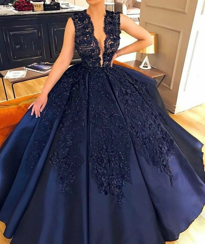 Sexy Dark Blue Quinceanera Dress Plunging V Neck Long Formal Holidays Wear Graduation Party Pageant Gown Custom Made