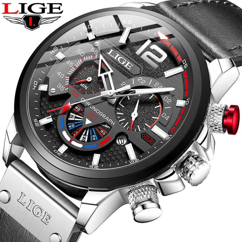 LIGE-Relógio Quartz Cronógrafo de Couro Masculino, Relógios Esportivos Impermeáveis, Data Automática, Top Brand, Novo, 2023
