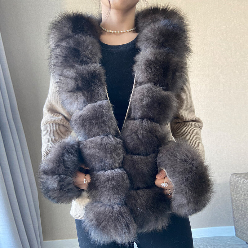 Neue Winter Frauen Mode Fuchs Pelz Kragen Kaschmir Pullover Poncho Heißer Verkauf Strickjacke volle hülsen