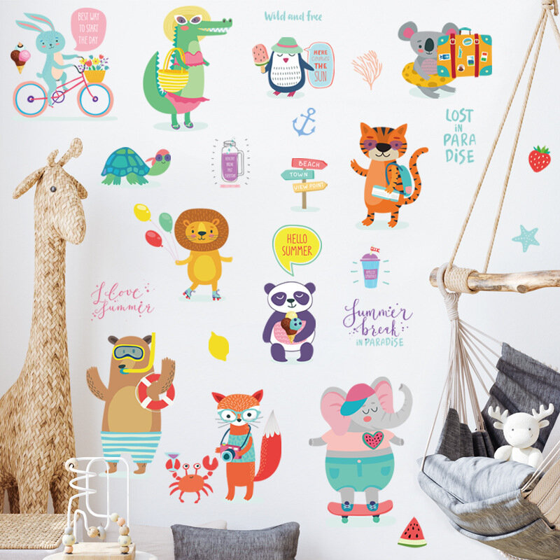 الكرتون ودية الحيوان ملصقات جدار للأطفال غرفة الفيل الأسد الغابات الحيوانات ديكور المنزل للأطفال سعيد ملصق