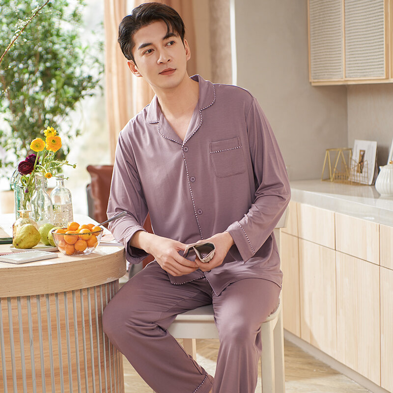 Conjuntos de pijamas masculinos, pijamas de manga longa com gola virada para baixo, primavera e outono, cor sólida, moda masculina, agasalho casual