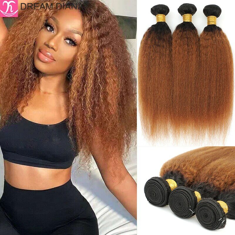 Brasileiro Kinky Hetero Pacotes de cabelo, Afro Yaki Cabelo Liso, 100% Cabelo Humano, 2 Tons de Cabelo Castanho, 10A, 30, 1B