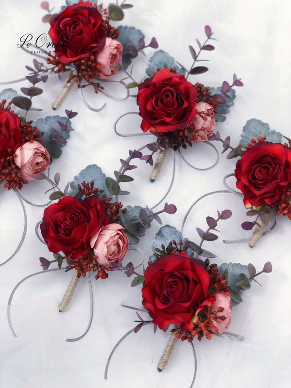 Peorchid vermelho corsages casamento e boutonnieres dama de honra flores pulseira de mão para meninas baile de formatura acessórios masculino boutonnieres