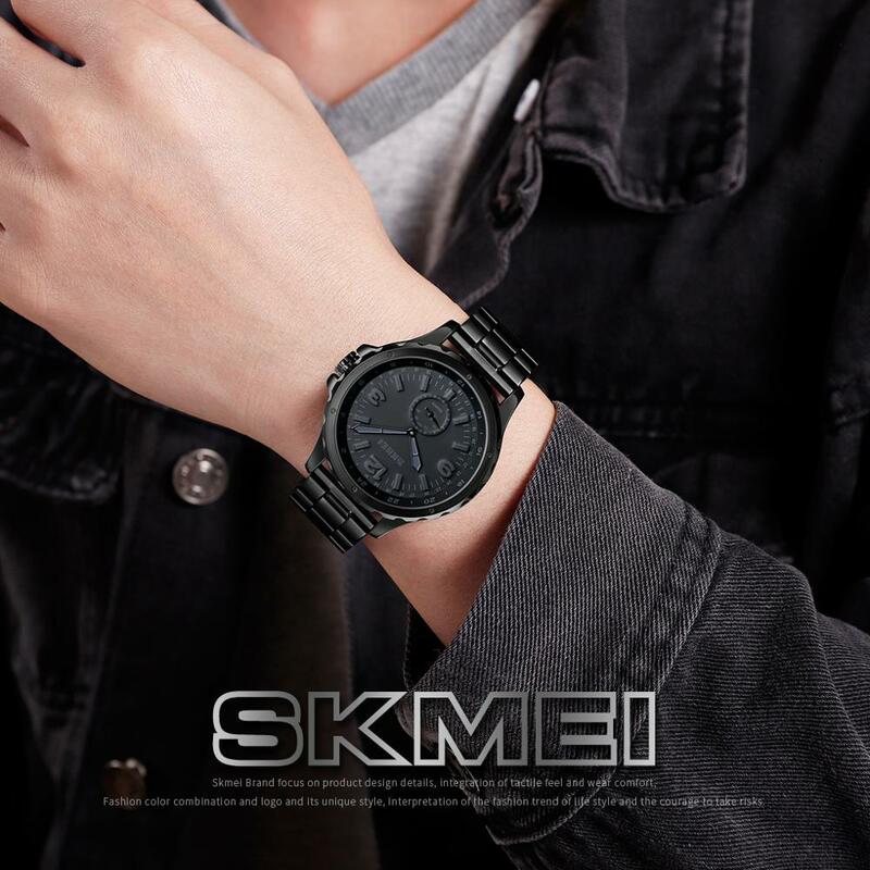 SKMEI-ساعة كوارتز فاخرة للرجال ، سوار يد فولاذي ، كاجوال ، أسود