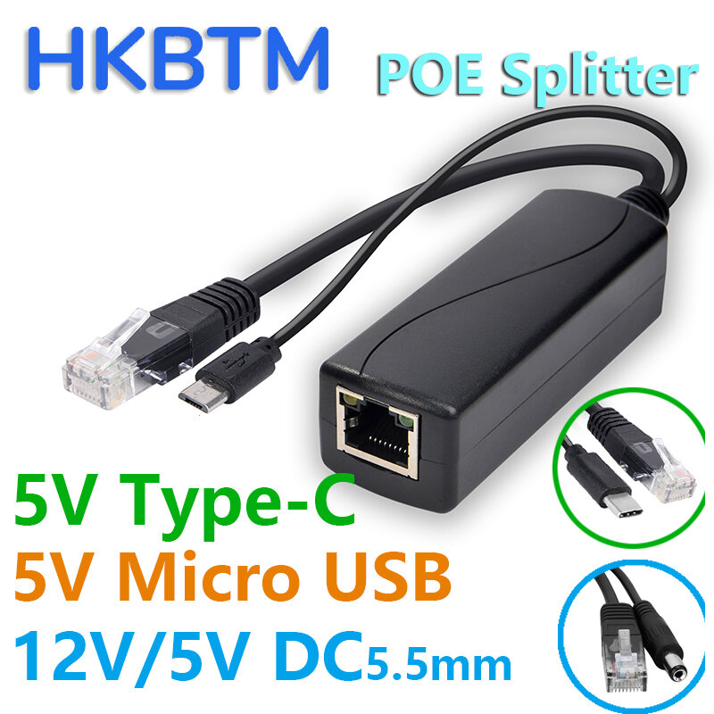 HKBTM POE 분배기 48V ~ 5V 12V 마이크로 USB type-C 배럴 잭 전원 공급 장치, 화웨이 Hikvision for Bobcat for Raspberry Pi