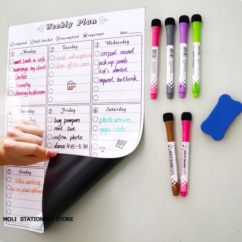 Pizarra magnética para niños, planificador mensual semanal, calendario, imán Sadhu para notas, mensaje, dibujo, pegatina de nevera, marcador