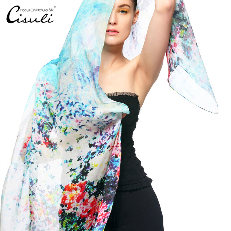CISULI 100% Seide Chiffon Schal 110X180cm Gedruckt Silk Schal Frauen Schal/Luxus Lange Hijab Schal/Boho Szaliki ich chusty