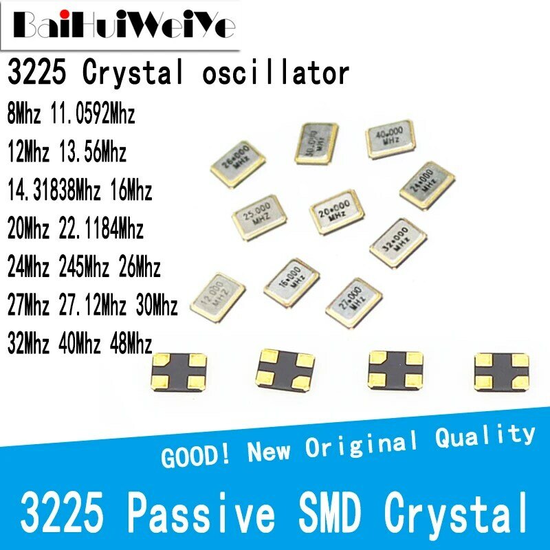 10 sztuk/partia 3225 pasywny oscylator kwarcowy SMD 4PIN oscylator 8Mhz 11.0592Mhz 12Mhz 13.56Mhz 14.31838Mhz 16Mhz 20Mhz 22.1184Mhz