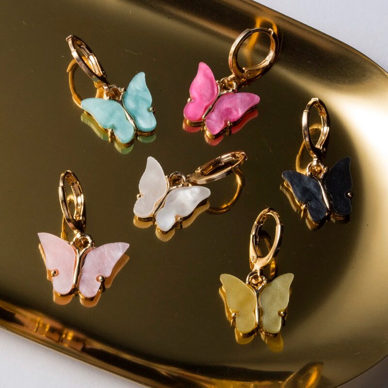 Brincos de borboleta acrílica colorida para mulheres, pequeno brinco bonito, boêmia joias, presente por atacado, novo design de moda