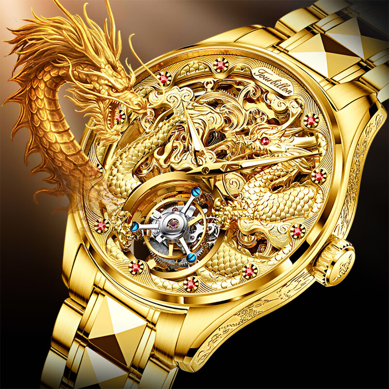 OUPINKE männer Tourbillon Uhr Business Sapphire Spiegel Wasserdicht Leucht Drachen Design Armbanduhr Automatische Mechanische