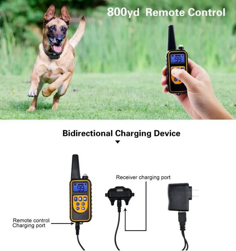 Kerah pelatihan anjing elektrik 800m, kerah pelatihan anjing elektrik kendali jarak jauh tahan air, kerah anjing latihan dapat diisi ulang dengan suara getaran