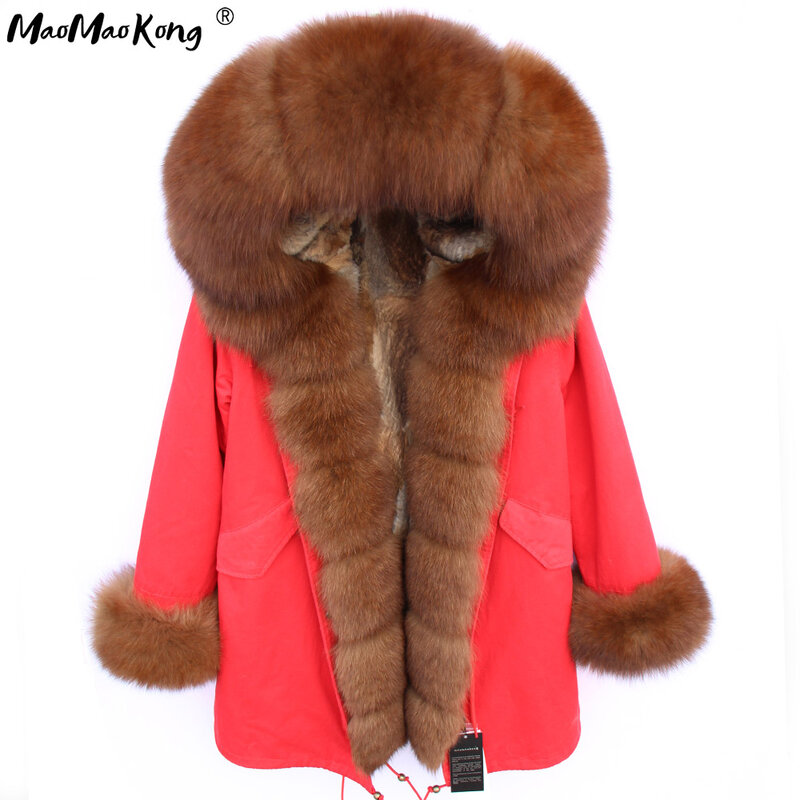 Casaco de inverno de moda, forro de pele de coelho natural real, gola de pele de guaxinim casaco de couro quente, casaco de parkas feminino, grosso e quente