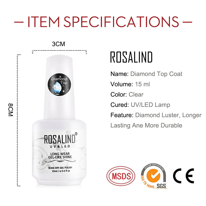 ROSALIND-세미 퍼머넌트 UV 프라이머 네일 젤 탑코트 15ml, 매니큐어용, 다이아몬드 투명, 소크 오프, 매니큐어용
