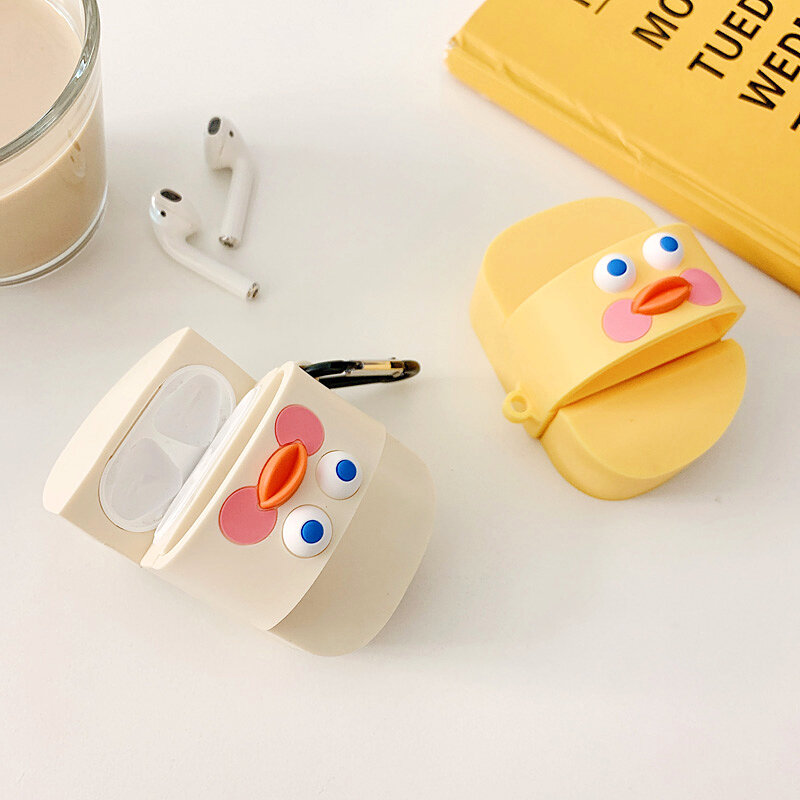 Nette Cartoon Ente Kopfhörer Fall Für Apple Airpods Silikon Kopfhörer Fall Für Airpods 2 1 Gelbe Ente Hausschuhe Schutz Abdeckung