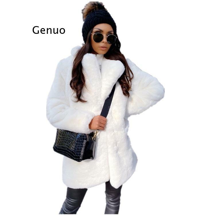 Nowe damskie zimowe ciepłe płaszcz ze sztucznego futra grube kobiety średniej długości płaszcz skręcić w dół kołnierz kobiety ciepłe kobiece Casaco Feminino