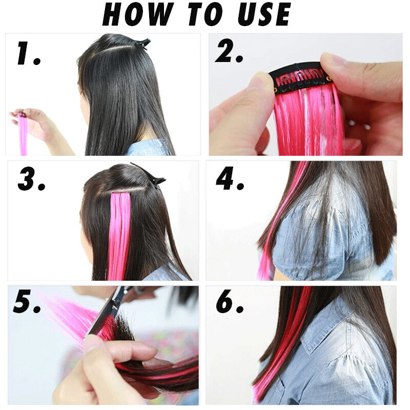Buqi extensões de cabelo de cor falsa, prendedor longo e liso com destaque, faixa de cabelo de arco-íris com fios sintéticos rosa