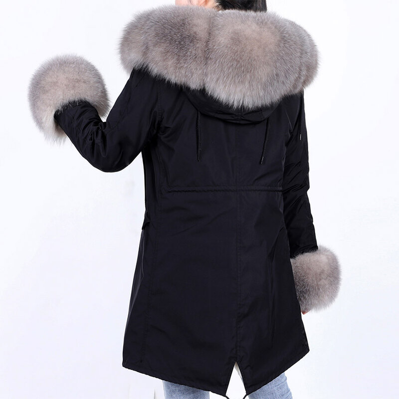 Maomaokong – veste en cuir avec col en vraie fourrure de renard naturelle pour femme, manteau Long rembourré, vêtement d'hiver