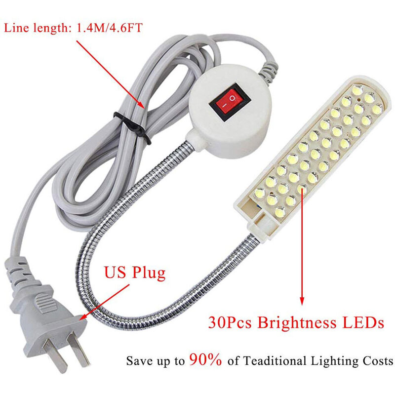 Luz LED portátil para máquina de coser, 10/20/30LED, Base de montaje de cuello de cisne, Lámpara de trabajo para banco de trabajo, prensa de taladro
