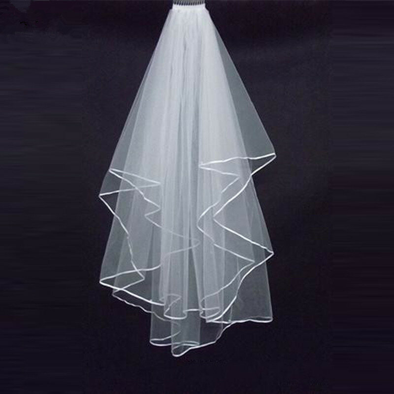 Véu branco do casamento com borda da fita, borda do tule, acessórios nupciais curtos, 2 camadas