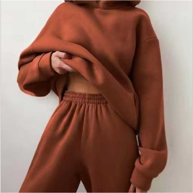 Hoodies conjunto de duas peças feminina manga longa sólido casual bolso pulôver terno primavera 2021 calças esportivas elásticas agasalho feminino