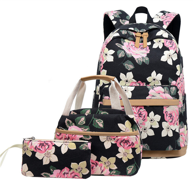 atinfor Brand 3pcs/Set Floral School Backpacks for Teen Girls School Bags Lightweight Canvas Backpack Travel Bookbags Set