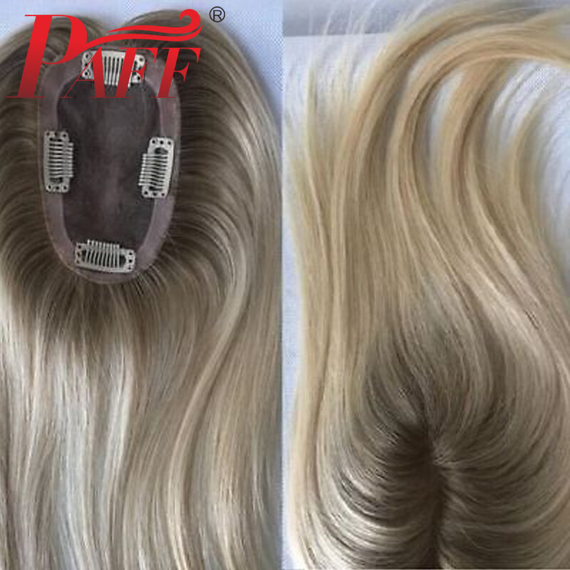 Topper de cheveux humains blonds en PU pour femmes, base mono, 100% cheveux Remy, pièce de cheveux, clip de peau, 4/613 cheveux toupet, document ombré, 6-20"