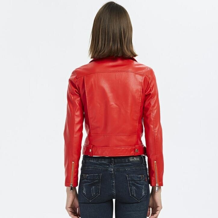 Jaket Kulit PU Palsu Wanita Mantel Merah Hitam Musim Gugur Musim Semi Mode Baru Jaket Pengendara Sepeda Motor Ramping Wanita Jaquetas Feminino