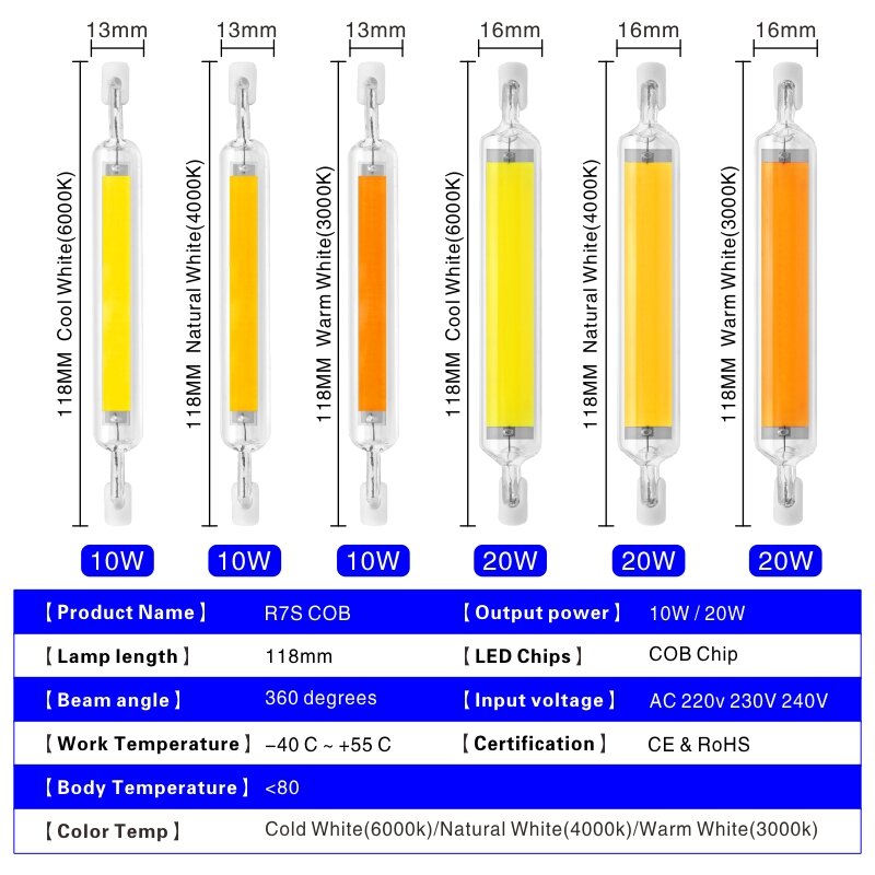 Tube de verre COB Led R7S de remplacement de lampe halogène, projecteur de 78 et 118 mm, 5/8/10/20/30/50/100 W, 220/230/240 V