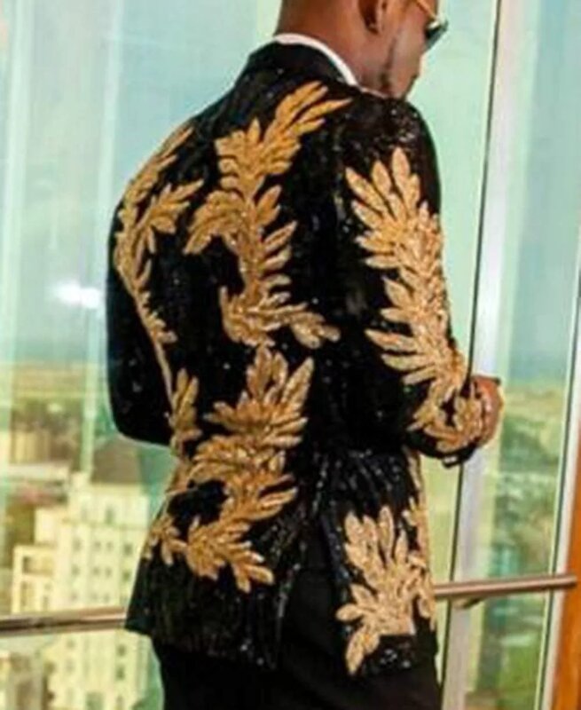 Świecący garnitury mężczyźni Slim Fit złote aplikacje cekiny Groom smoking ślubny szyte na miarę kurtka jednorzędowa spodnie 2 sztuk 2023