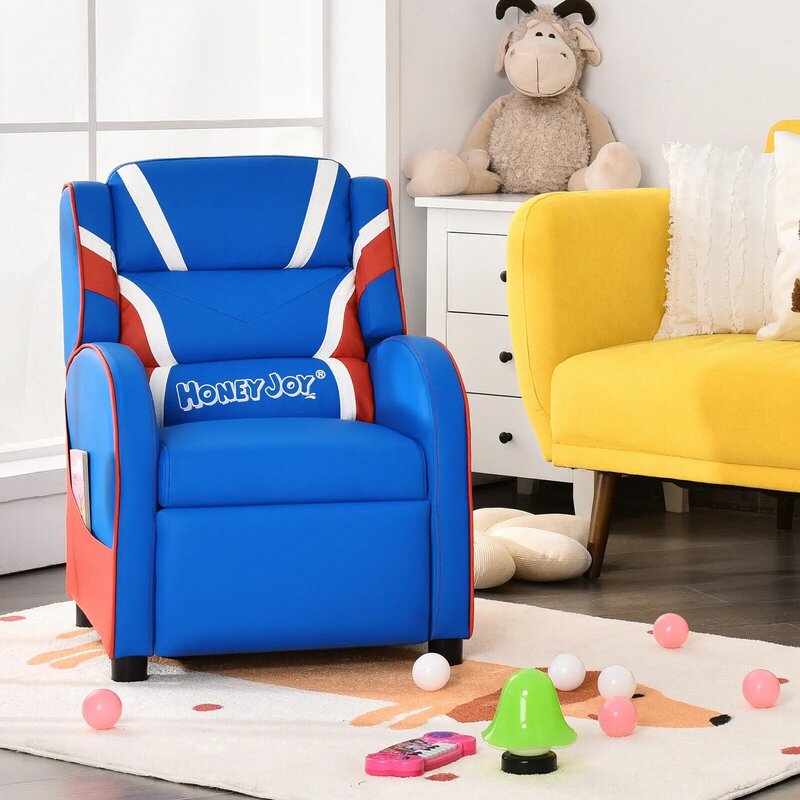 Costway-silla reclinable para niños, sillón de cuero sintético con bolsillos laterales, color azul/rosa, HW66976