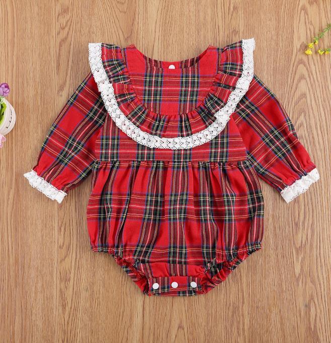 Body infantil feminino de natal, macacão de manga longa com babado e renda xadrez vermelho, roupas de bebê