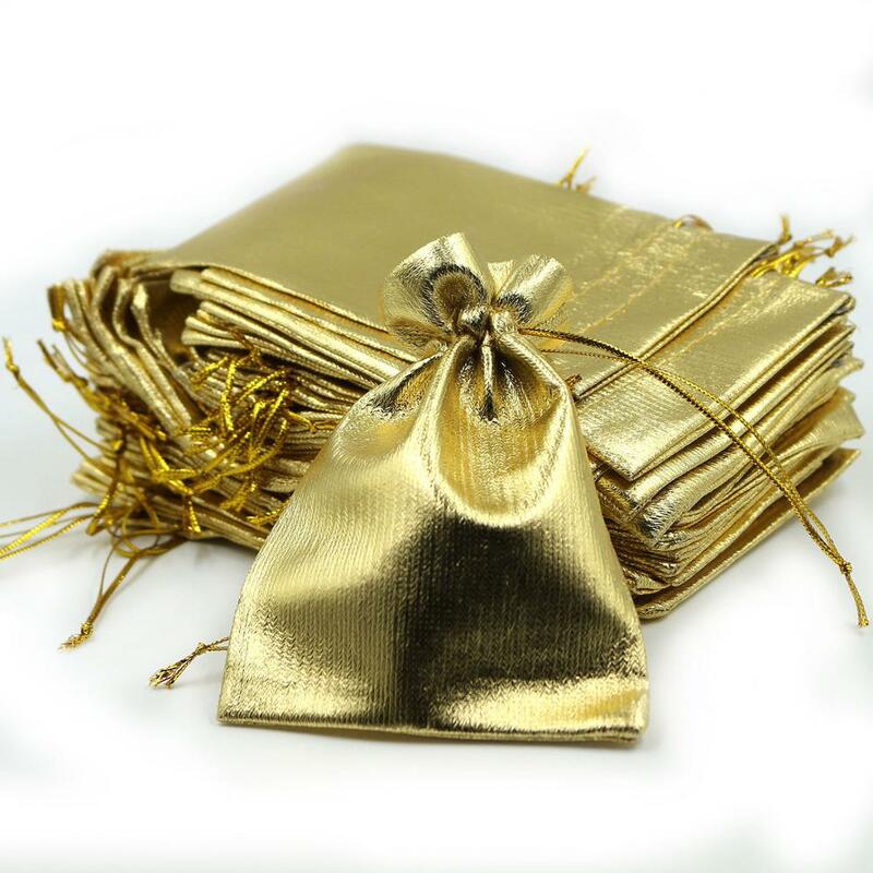 100 sztuk/partia 13x18cm 5x8 cali srebrno-złotej tkaniny z tkaniny na sznurek torby na prezenty ślubne i świąteczne woreczki do pakowania