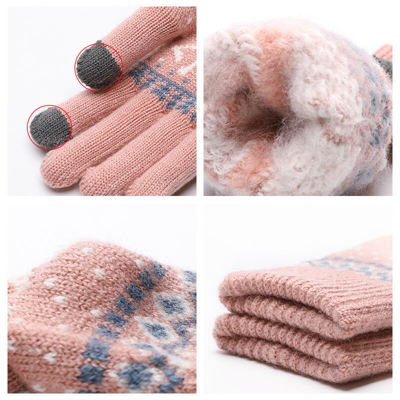 Gants tricotés à écran tactile petits élans dames automne et hiver laine chaude plus velours épaississement en plein air équitation gants de course