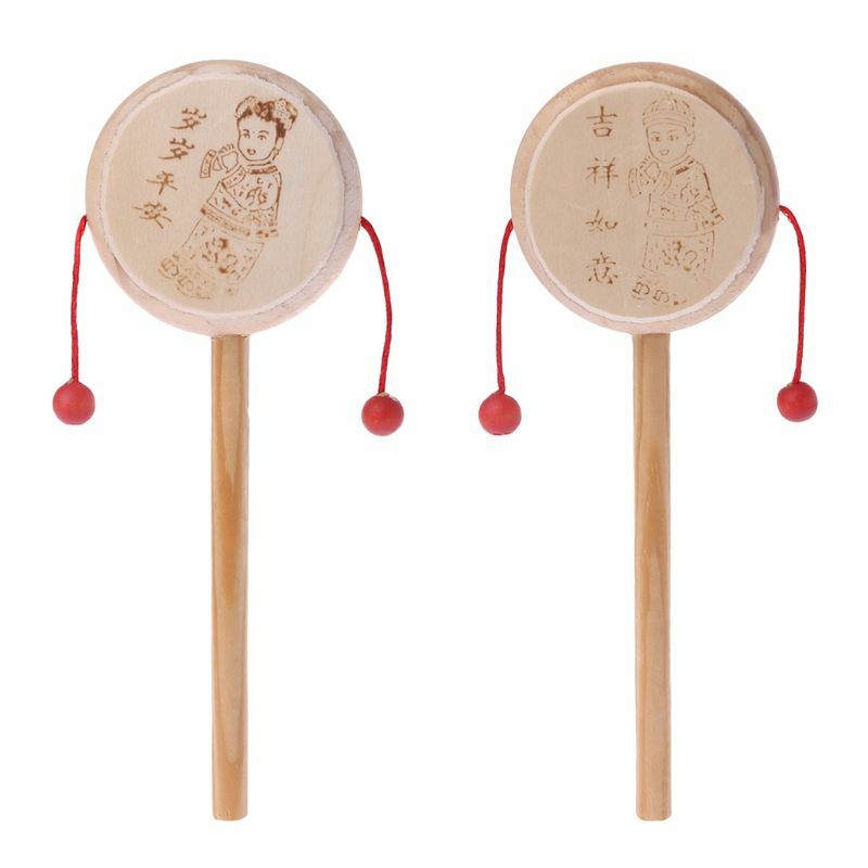 Giocattolo musicale del bambino della campana della mano del tamburo di sonaglio di filatura tradizionale cinese del fumetto di legno
