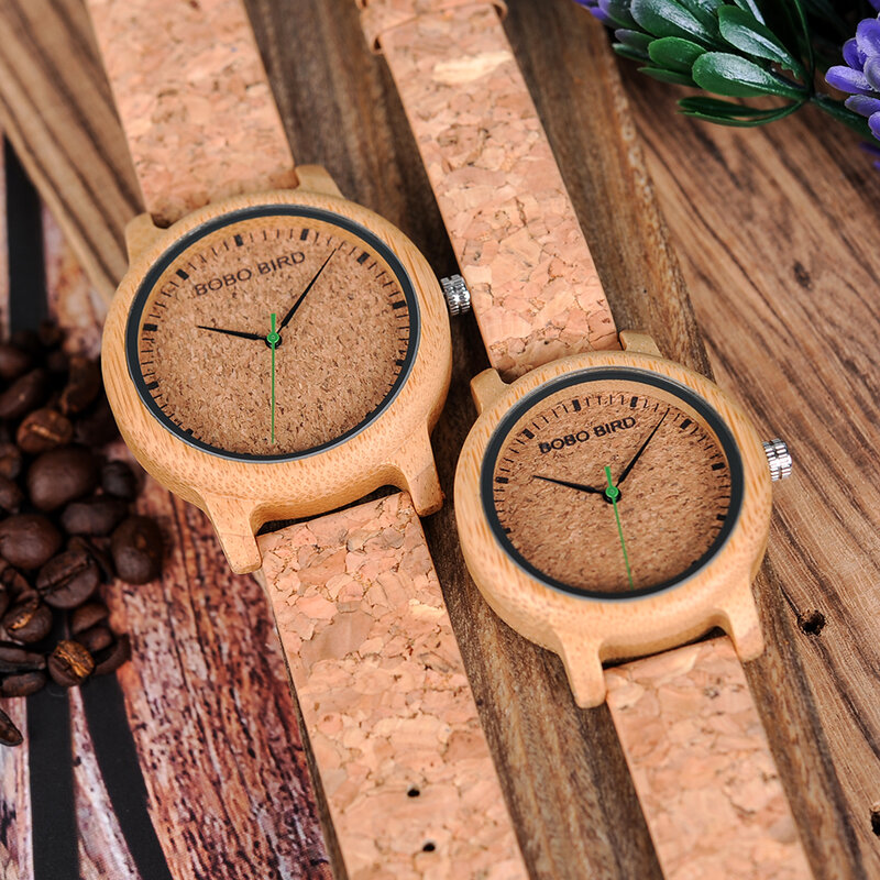 BOBO BIRD-Relojes de madera para hombre y Mujer, pulsera de lujo con banda de corcho, caja de regalo personalizada