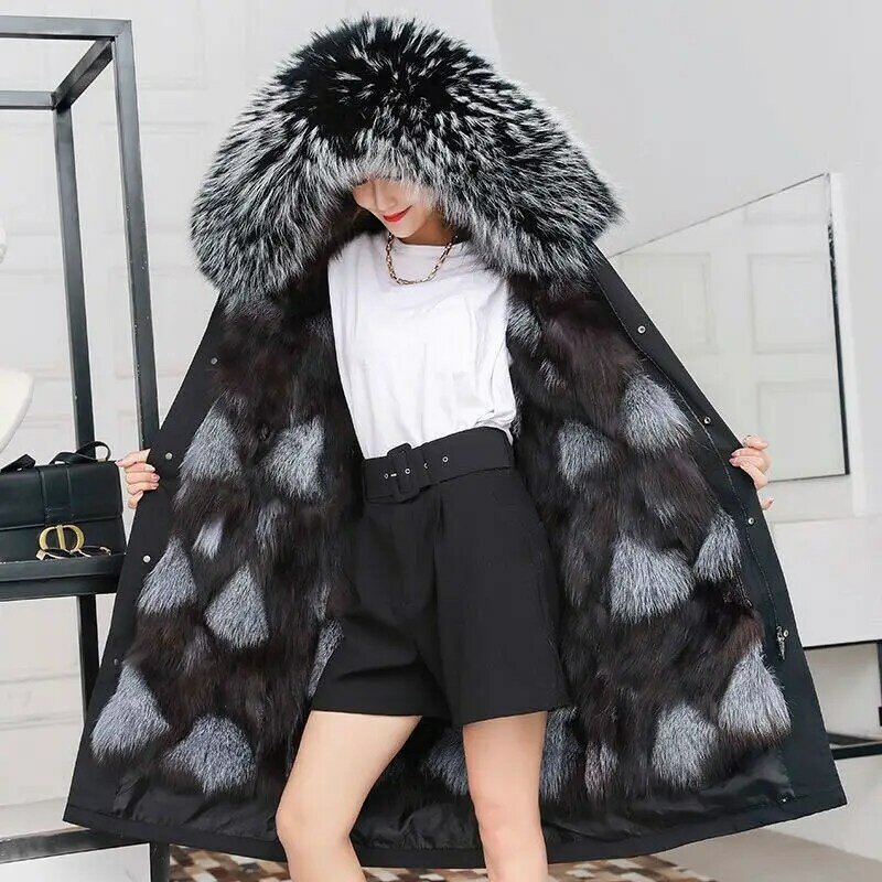 New Women Fox Fur Liner Parkas Winter Hooded Natural Raccoon Fur Hood Coat FemaleThick Warm Jacket Removable