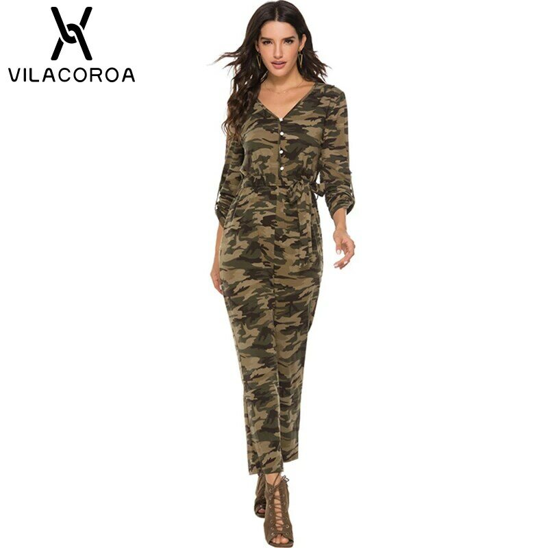 Ladies Camouflage Overalls V-neck Long Sleeve Button High Waist Camo Pants Lace Print Women's Street Casual Overall Jumpsuit