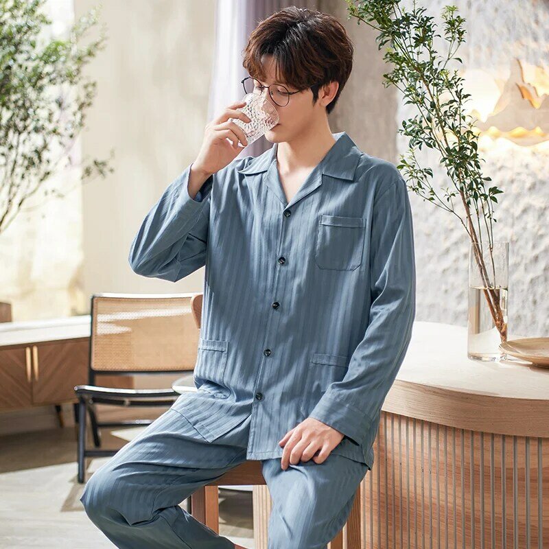 Pijama de algodón para hombre, ropa de dormir de manga larga, suave, informal, gris y azul, 3XL