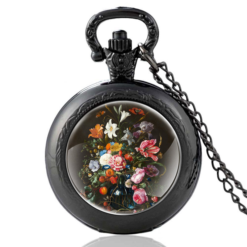 Reloj de bolsillo de cuarzo para hombre y mujer, accesorio con diseño de flores bonitas y clásicas, color negro, estilo Vintage, con colgante, para regalo
